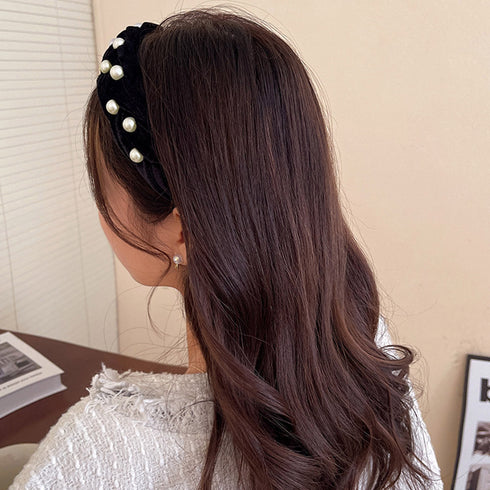 編みボリューム パールベロアカチューシャ 幅広 ヘアアクセサリー 髪飾り おしゃれ ヘッドアクセサリー 上品 フェミニン キュート アクセ ぷっくりカチューシャ 98MIAOSI-001