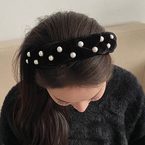 編みボリューム パールベロアカチューシャ 幅広 ヘアアクセサリー 髪飾り おしゃれ ヘッドアクセサリー 上品 フェミニン キュート アクセ ぷっくりカチューシャ 98MIAOSI-001