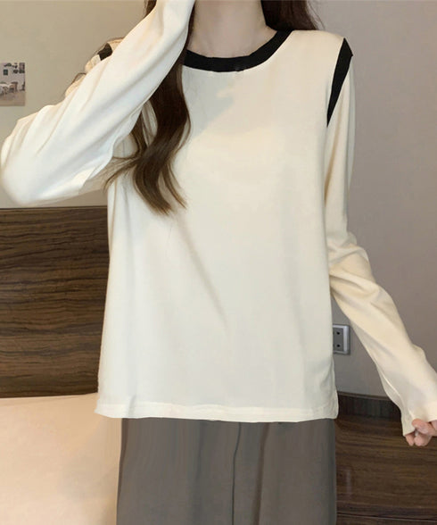 バイカラー Tシャツ 長袖 韓国風 レディース シンプル カットソー トップス 着やせ カジュアル ベーシックデザイン プルオーバー 重ね着 98MZHEN-001