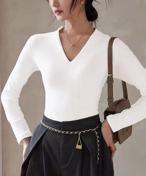 Vネック ベーシック 長袖 カットソー レディース ヒートインナー 柔らかい シンプル 重ね着 ストレッチTシャツ 無地プルオーバー 韓国ファッション 98NAISI-001