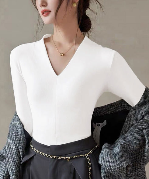 Vネック ベーシック 長袖 カットソー レディース ヒートインナー 柔らかい シンプル 重ね着 ストレッチTシャツ 無地プルオーバー 韓国ファッション 98NAISI-001