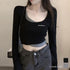 Tシャツ レディース 無地 長袖 Tシャツ レディース 無地 長袖 ショート丈 トップス カジュアル 重ね着風 細身 へそ出し インナー 春秋 着痩せ 98NUOYI-001
