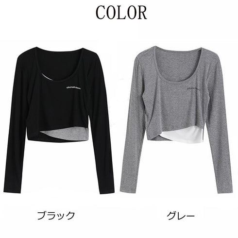 Tシャツ レディース 無地 長袖 Tシャツ レディース 無地 長袖 ショート丈 トップス カジュアル 重ね着風 細身 へそ出し インナー 春秋 着痩せ 98NUOYI-001