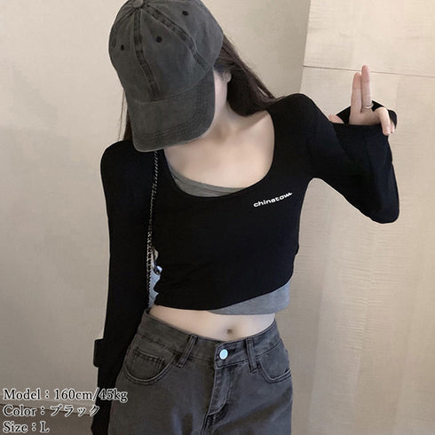 Tシャツ レディース 無地 長袖 Tシャツ レディース 無地 長袖 ショート丈 トップス カジュアル 重ね着風 細身 へそ出し インナー 春秋 着痩せ 98NUOYI-001