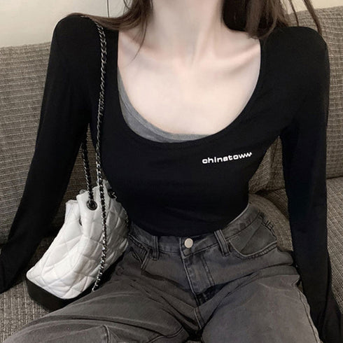 Tシャツ レディース 無地 長袖 Tシャツ レディース 無地 長袖 ショート丈 トップス カジュアル 重ね着風 細身 へそ出し インナー 春秋 着痩せ 98NUOYI-001