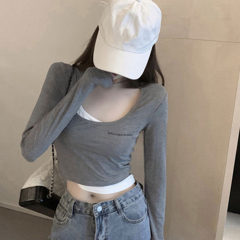 Tシャツ レディース 無地 長袖 Tシャツ レディース 無地 長袖 ショート丈 トップス カジュアル 重ね着風 細身 へそ出し インナー 春秋 着痩せ 98NUOYI-001