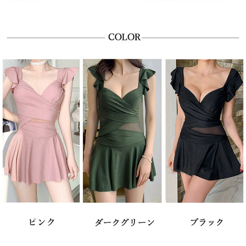 ワンピース水着 体型カバー 3色 エレガント水着 セクシー 露出控えめ リゾート Vライン胸元 ワイヤー入り インナーパンツ一体型 レトロ水着 無地 98QINER-002