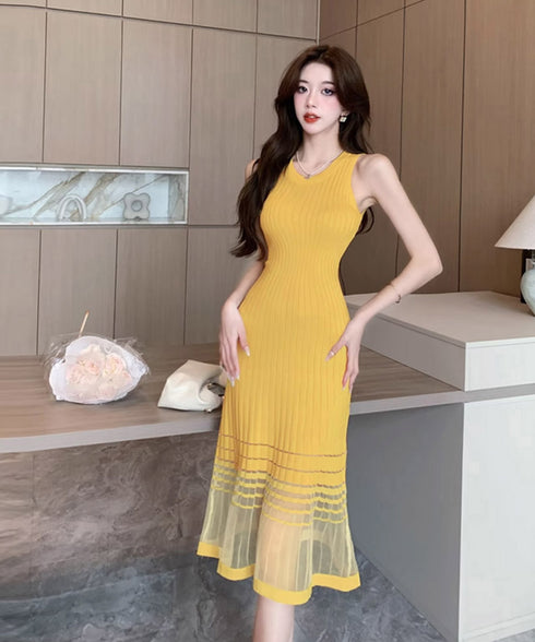 ニットワンピース レディース 春夏秋冬 可愛い ノースリーブワンピ ラウンドネック タイトワンピース ドッキング ひざ丈 シンプル 上品 カジュアル 韓国風 98QKYI-001
