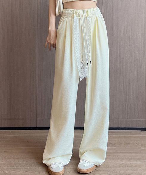 レースワイドイージーパンツ韓国風ボトムス イージー ストレートパンツ レディースボトムス ハイウエスト 着やせ 美脚脚長ロングパンツ 薄手 お洒落セミワイドパンツ 98SENGY-001