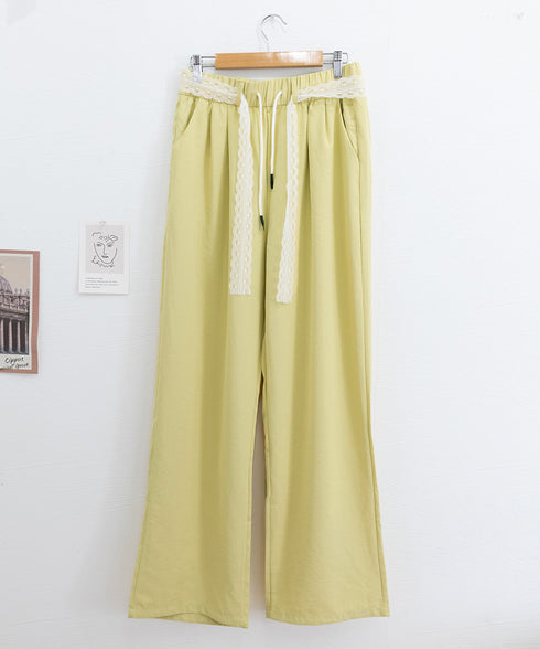 レースワイドイージーパンツ韓国風ボトムス イージー ストレートパンツ レディースボトムス ハイウエスト 着やせ 美脚脚長ロングパンツ 薄手 お洒落セミワイドパンツ 98SENGY-001