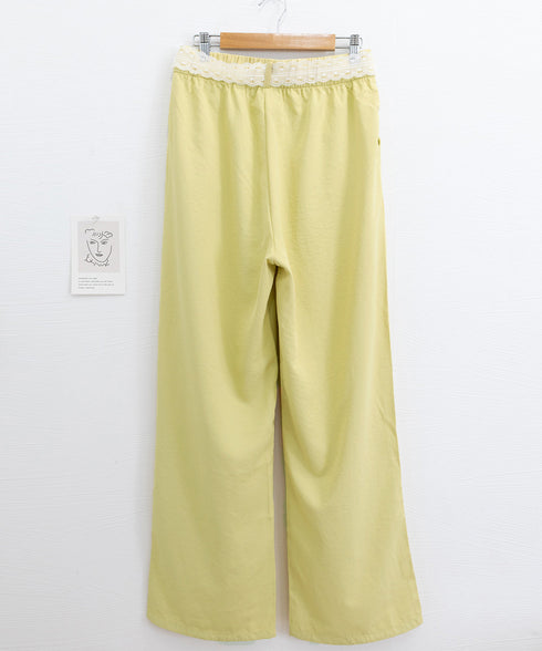 レースワイドイージーパンツ韓国風ボトムス イージー ストレートパンツ レディースボトムス ハイウエスト 着やせ 美脚脚長ロングパンツ 薄手 お洒落セミワイドパンツ 98SENGY-001