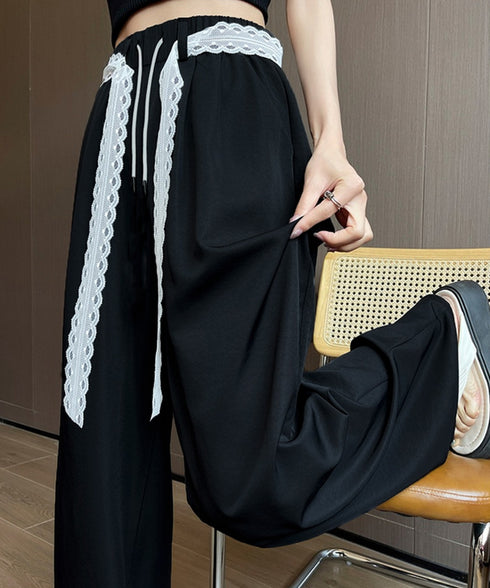 レースワイドイージーパンツ韓国風ボトムス イージー ストレートパンツ レディースボトムス ハイウエスト 着やせ 美脚脚長ロングパンツ 薄手 お洒落セミワイドパンツ 98SENGY-001