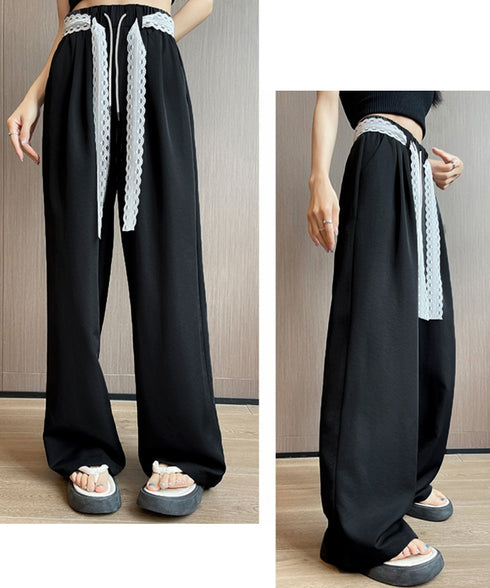 レースワイドイージーパンツ韓国風ボトムス イージー ストレートパンツ レディースボトムス ハイウエスト 着やせ 美脚脚長ロングパンツ 薄手 お洒落セミワイドパンツ 98SENGY-001