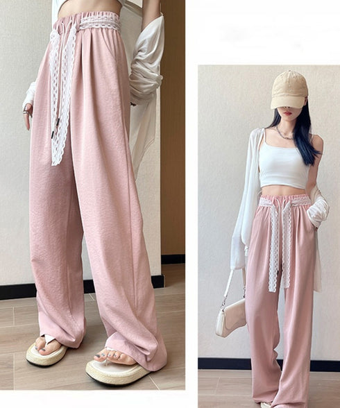 レースワイドイージーパンツ韓国風ボトムス イージー ストレートパンツ レディースボトムス ハイウエスト 着やせ 美脚脚長ロングパンツ 薄手 お洒落セミワイドパンツ 98SENGY-001