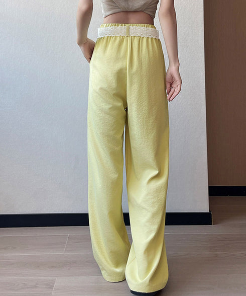 レースワイドイージーパンツ韓国風ボトムス イージー ストレートパンツ レディースボトムス ハイウエスト 着やせ 美脚脚長ロングパンツ 薄手 お洒落セミワイドパンツ 98SENGY-001