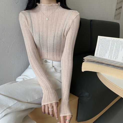 ハイネック リブニットトップス 長袖 無地 着やせ インナーニットソー ボトルネック きれいめ ニットウェア透け感 春秋冬 オフィスカジュアル 98SHISYR-001