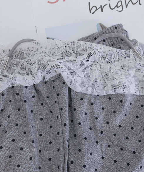 レース切り替えドット柄 ワイドパンツ美脚 レディース ロングパンツ 低身長向け スポーツパンツ ダンス衣装 韓国風 ボトムス ウエストゴム イージーパンツ 薄手 98SHIT-002