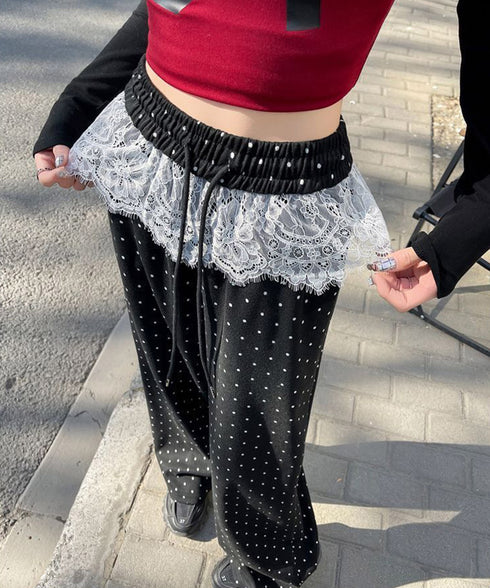 レース切り替えドット柄 ワイドパンツ美脚 レディース ロングパンツ 低身長向け スポーツパンツ ダンス衣装 韓国風 ボトムス ウエストゴム イージーパンツ 薄手 98SHIT-002