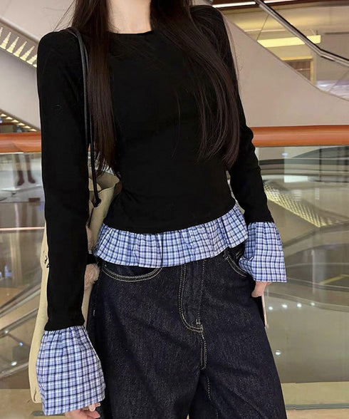 フェイク レイヤード 袖フリル トップス レディース 韓国風カットソー 長袖Tシャツ クルーネック スリムフィット チェック柄 異素材ミックス 細身カジュアル 98TAOW-001