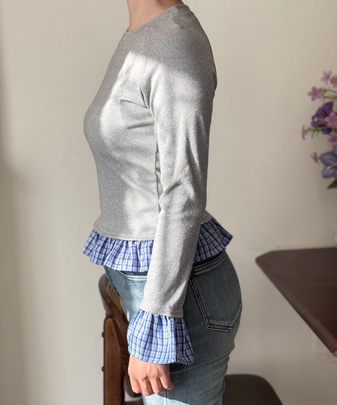 フェイク レイヤード 袖フリル トップス レディース 韓国風カットソー 長袖Tシャツ クルーネック スリムフィット チェック柄 異素材ミックス 細身カジュアル 98TAOW-001