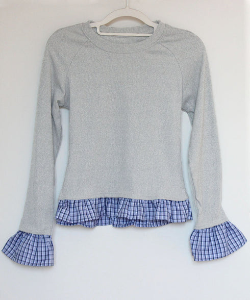 フェイク レイヤード 袖フリル トップス レディース 韓国風カットソー 長袖Tシャツ クルーネック スリムフィット チェック柄 異素材ミックス 細身カジュアル 98TAOW-001