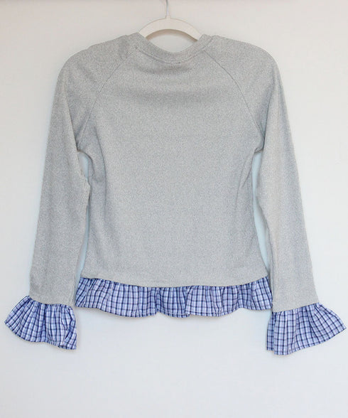 フェイク レイヤード 袖フリル トップス レディース 韓国風カットソー 長袖Tシャツ クルーネック スリムフィット チェック柄 異素材ミックス 細身カジュアル 98TAOW-001