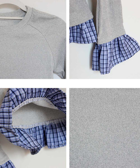 フェイク レイヤード 袖フリル トップス レディース 韓国風カットソー 長袖Tシャツ クルーネック スリムフィット チェック柄 異素材ミックス 細身カジュアル 98TAOW-001