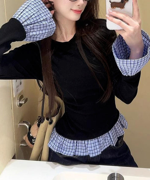 フェイク レイヤード 袖フリル トップス レディース 韓国風カットソー 長袖Tシャツ クルーネック スリムフィット チェック柄 異素材ミックス 細身カジュアル 98TAOW-001