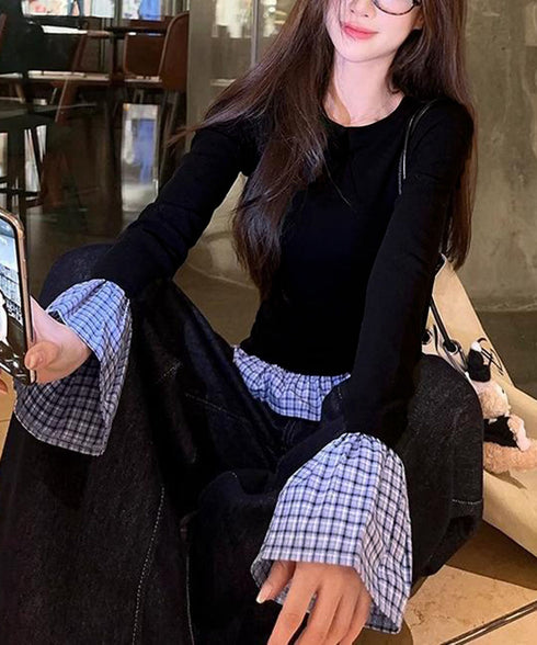 フェイク レイヤード 袖フリル トップス レディース 韓国風カットソー 長袖Tシャツ クルーネック スリムフィット チェック柄 異素材ミックス 細身カジュアル 98TAOW-001