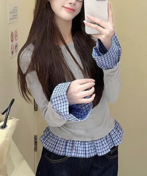 フェイク レイヤード 袖フリル トップス レディース 韓国風カットソー 長袖Tシャツ クルーネック スリムフィット チェック柄 異素材ミックス 細身カジュアル 98TAOW-001