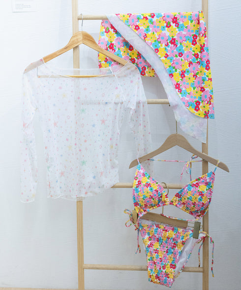 花柄 ビキニ 4点セット セパレート水着 カラフル レディース水着ビキニ 日焼け防止長袖 カバーアップ ノンワイヤー パレオ付き 水着上下セット おしゃれ 海水浴 98TIANYY-001