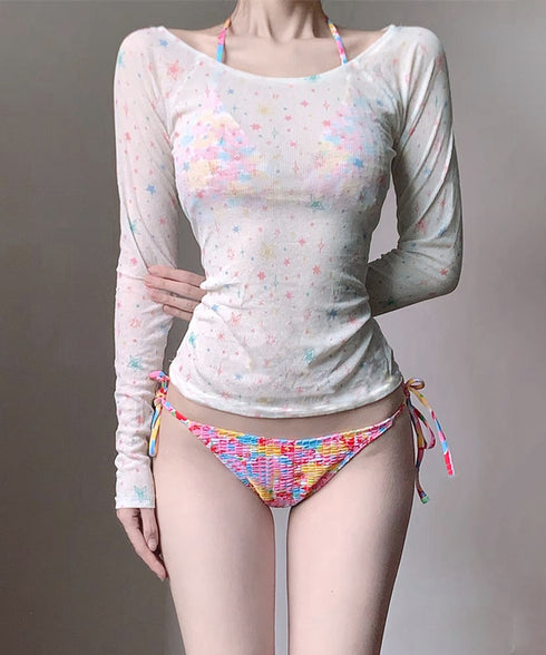 花柄 ビキニ 4点セット セパレート水着 カラフル レディース水着ビキニ 日焼け防止長袖 カバーアップ ノンワイヤー パレオ付き 水着上下セット おしゃれ 海水浴 98TIANYY-001