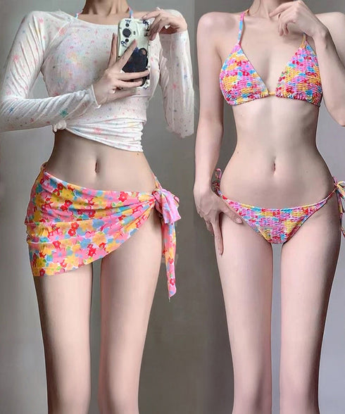 花柄 ビキニ 4点セット セパレート水着 カラフル レディース水着ビキニ 日焼け防止長袖 カバーアップ ノンワイヤー パレオ付き 水着上下セット おしゃれ 海水浴 98TIANYY-001