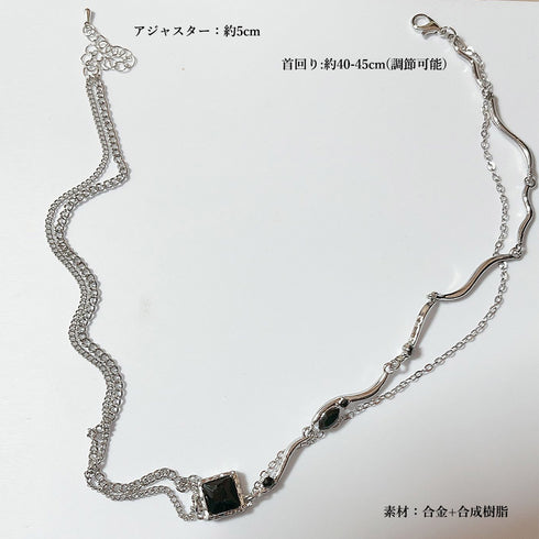 2連風チェーンネックレスレディース 韓国 スクエアペンダント おしゃれ アシンメトリー 首飾り きれいめ チョーカー 韓流 重ね付け風 ジュエリー 10代20代 98TS-002