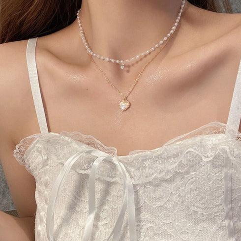 2連 鎖骨ネックレス レディース フェイクパール おしゃれ アクセサリー 重ね付け パーティー きれいめ 韓国風 女性 大人上品 ペンダント 98TS-003