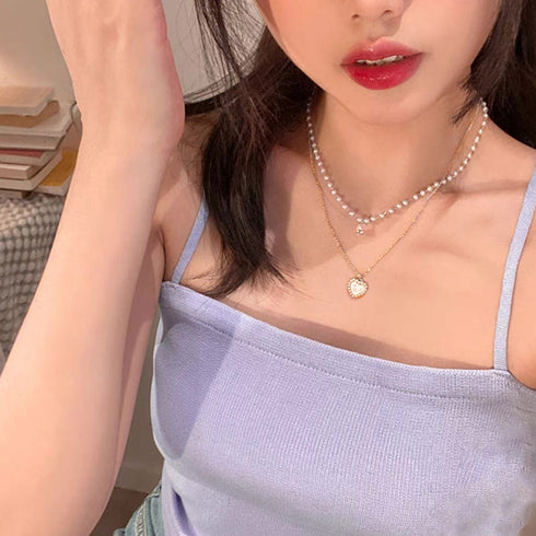2連 鎖骨ネックレス レディース フェイクパール おしゃれ アクセサリー 重ね付け パーティー きれいめ 韓国風 女性 大人上品 ペンダント 98TS-003