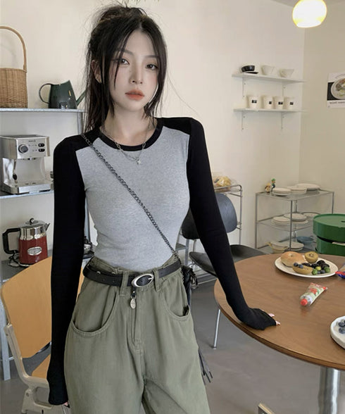 バイカラー Tシャツ 長袖 カットソー レディース 無地 ラウンドネック バイカラー 大人っぽい きれいめ 着やせtシャツ トップス ベーシック大人 98TZMEI-001