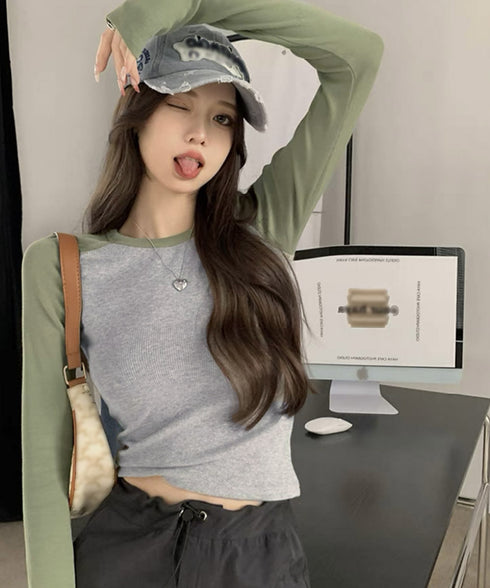 バイカラー Tシャツ 長袖 カットソー レディース 無地 ラウンドネック バイカラー 大人っぽい きれいめ 着やせtシャツ トップス ベーシック大人 98TZMEI-001