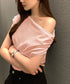 オフショルダーTシャツ カットソー 半袖 ワンショルトップス レディース アシンメトリー おしゃれ 肌見せ 夏服 ワンショルダーカットソー 韓国風セクシーTシャツ 98XIANNF-001