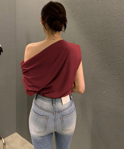 オフショルダーTシャツ カットソー 半袖 ワンショルトップス レディース アシンメトリー おしゃれ 肌見せ 夏服 ワンショルダーカットソー 韓国風セクシーTシャツ 98XIANNF-001