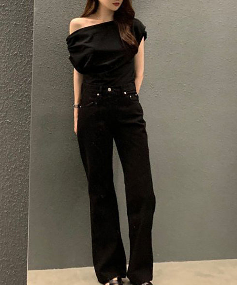 オフショルダーTシャツ カットソー 半袖 ワンショルトップス レディース アシンメトリー おしゃれ 肌見せ 夏服 ワンショルダーカットソー 韓国風セクシーTシャツ 98XIANNF-001