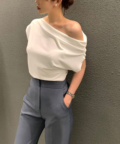 オフショルダーTシャツ カットソー 半袖 ワンショルトップス レディース アシンメトリー おしゃれ 肌見せ 夏服 ワンショルダーカットソー 韓国風セクシーTシャツ 98XIANNF-001