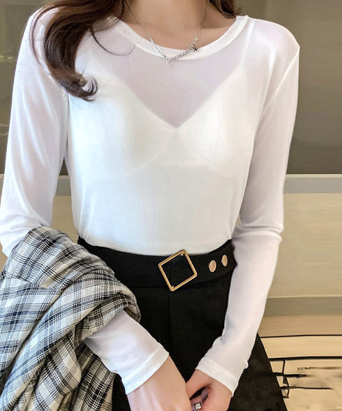 シアートップス 長袖レディースカットソー クルーネック 無地Tシャツ 薄手 ブラウス 透け感 きれいめ おしゃれ 大人 重ね着 セクシー レイヤードトップス 98XIAYAO-001