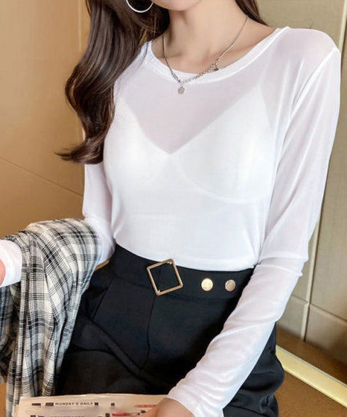 シアートップス 長袖レディースカットソー クルーネック 無地Tシャツ 薄手 ブラウス 透け感 きれいめ おしゃれ 大人 重ね着 セクシー レイヤードトップス 98XIAYAO-001