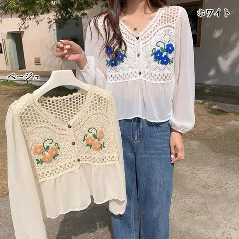 花刺しゅう シフォン袖 ニットトップス 透かし編み ニット コンビブラウス 長袖 シアー シースルー 透け感 韓国ファッション レディース 花柄 98XINCHENG-001