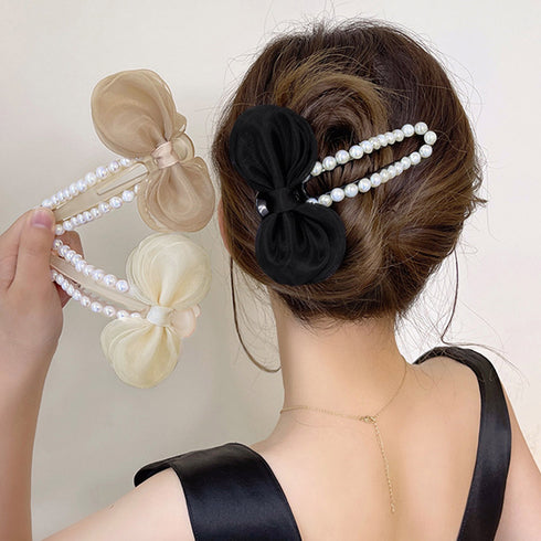 シフォン サイドバンスクリップ 大きめ レディース おしゃれ ヘアアクセサリー 二次会髪飾り 大人可愛い ゴージャス 蝶結び オフィス 結婚式 ヘアクリップ 98XIYAN-001