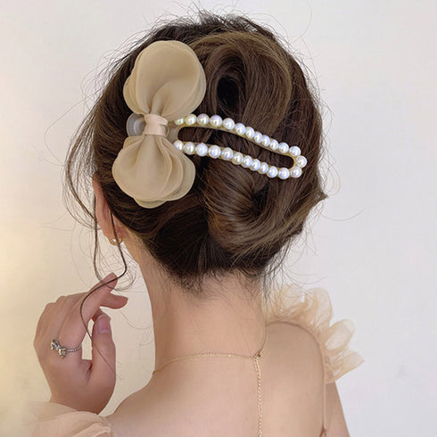 シフォン サイドバンスクリップ 大きめ レディース おしゃれ ヘアアクセサリー 二次会髪飾り 大人可愛い ゴージャス 蝶結び オフィス 結婚式 ヘアクリップ 98XIYAN-001