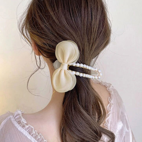 シフォン サイドバンスクリップ 大きめ レディース おしゃれ ヘアアクセサリー 二次会髪飾り 大人可愛い ゴージャス 蝶結び オフィス 結婚式 ヘアクリップ 98XIYAN-001