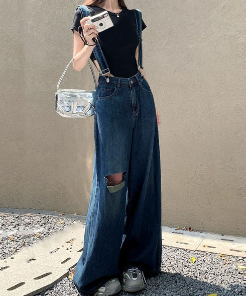サス付デニムワイドパンツ ハイウエスト ロングパンツ レディース ストレートパンツ フロントダメージ カジュアル 4サイズ バギーパンツ サスペンダー 脚長 98XYQ-001