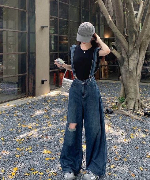 サス付デニムワイドパンツ ハイウエスト ロングパンツ レディース ストレートパンツ フロントダメージ カジュアル 4サイズ バギーパンツ サスペンダー 脚長 98XYQ-001